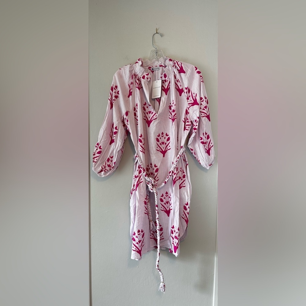 Tuckernuck Caryn Lawn Cotton  Dress White Pink Print Belted Puff Sleeve OS - Picture 2 of 5